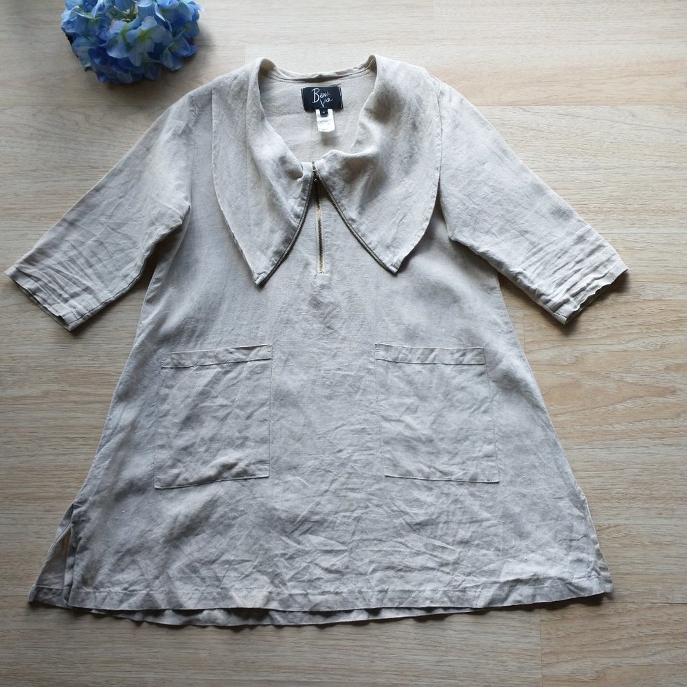 Beni Vie 100%Linen Lagenlook Tunic Top Pocket Natural Fabric Beige S Made in USA - Picture 6 of 10